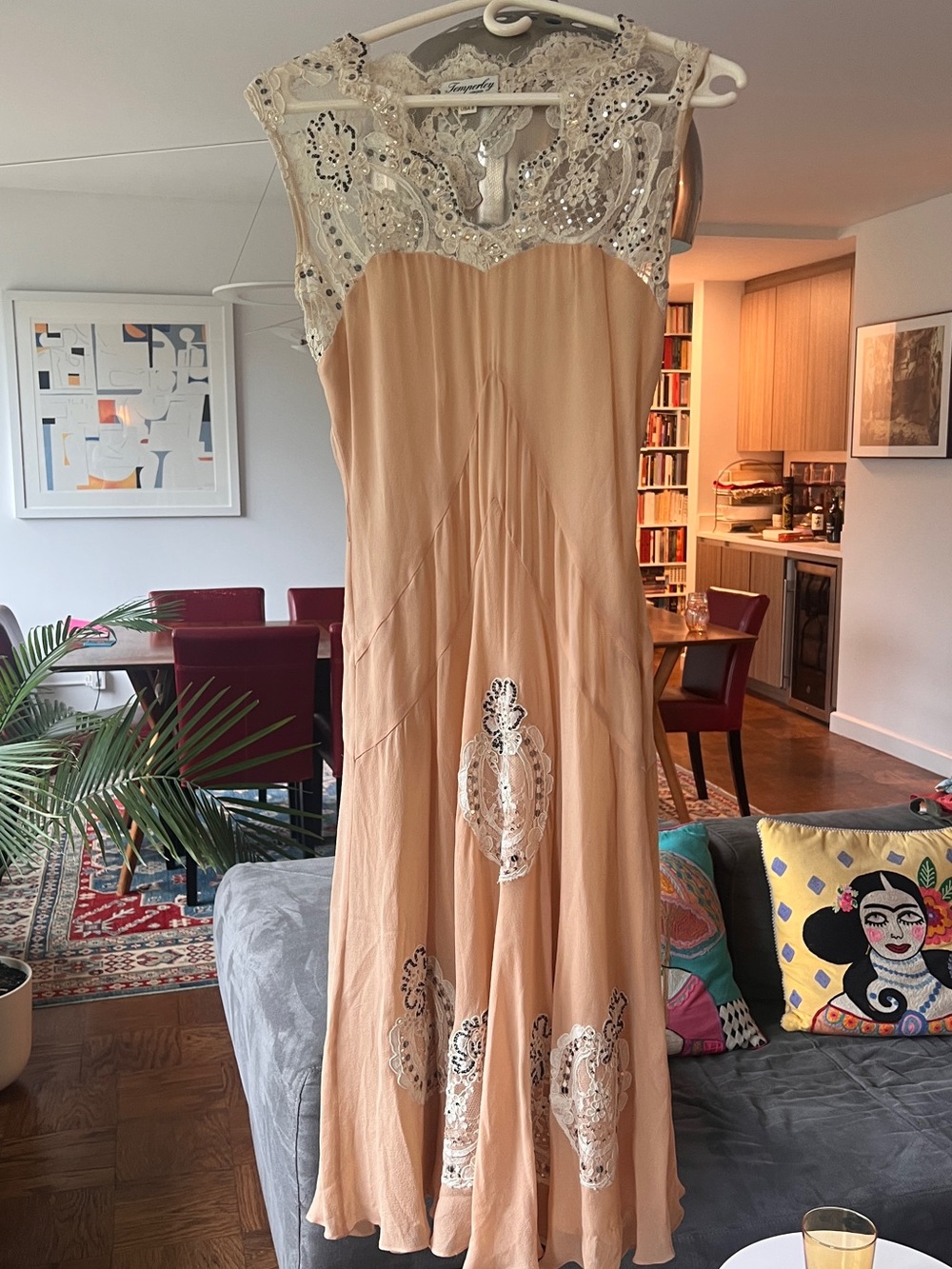 Temperley London Peach Beaded Lace Yoke Maxi Dress